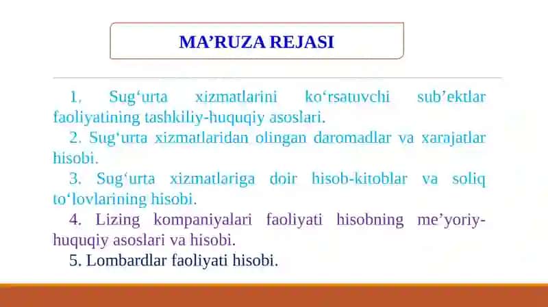 Sug‘urta va moliya xizmatlarini ko‘rsatuvchi sub’ektlar faoliyati hisobi 2