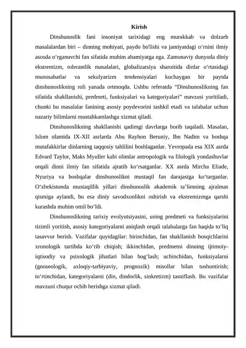 Dinshunoslikning fan sifatida shakllanishi predmeti funksiyalari kategoriyasi 2