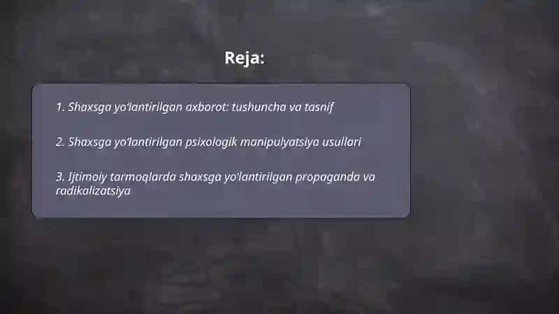 Shaxsga yoʻlantirilgan axborot psixologik diniy va madaniy tahdidlar 2