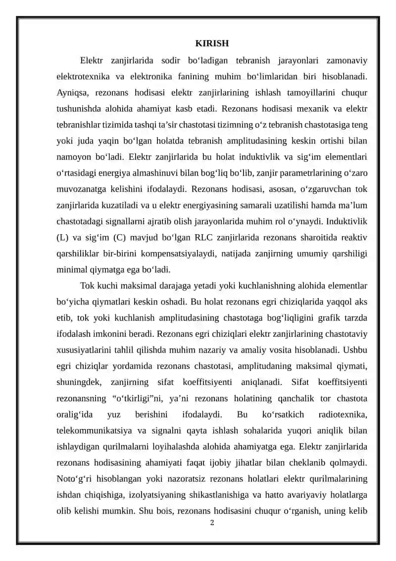 Rezonans egri chiziqlari. Elektr zanjirlarida rezonans hodisalarining ahamiyati 2