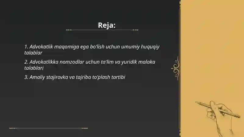 Advokatlik maqomiga ega boʻlish, advokatlik maqomini toʻxtatib turish va tugatish asoslari 2
