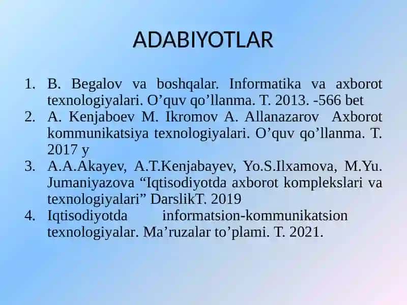IQTISODIYOTDA INFORMATSION-KOMMUNIKATSION TEXNOLOGIYALAR” FANI PREDMETI 2