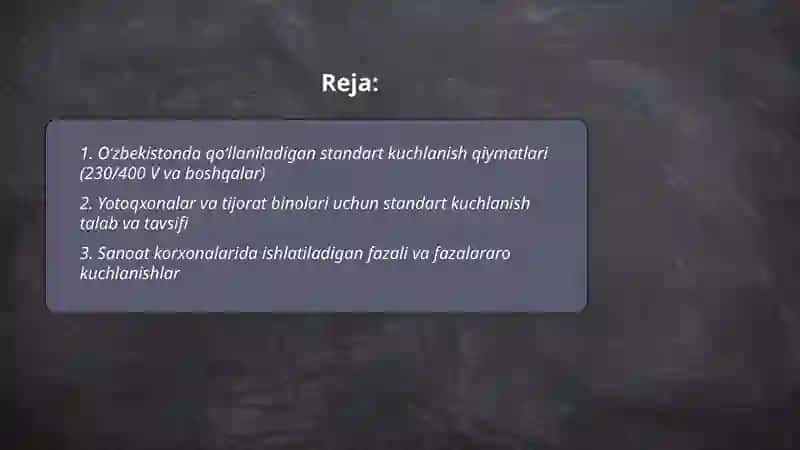 Oʻzbekistonda mavjud standart kuchlanishlar va uni tanlash sohasi 2