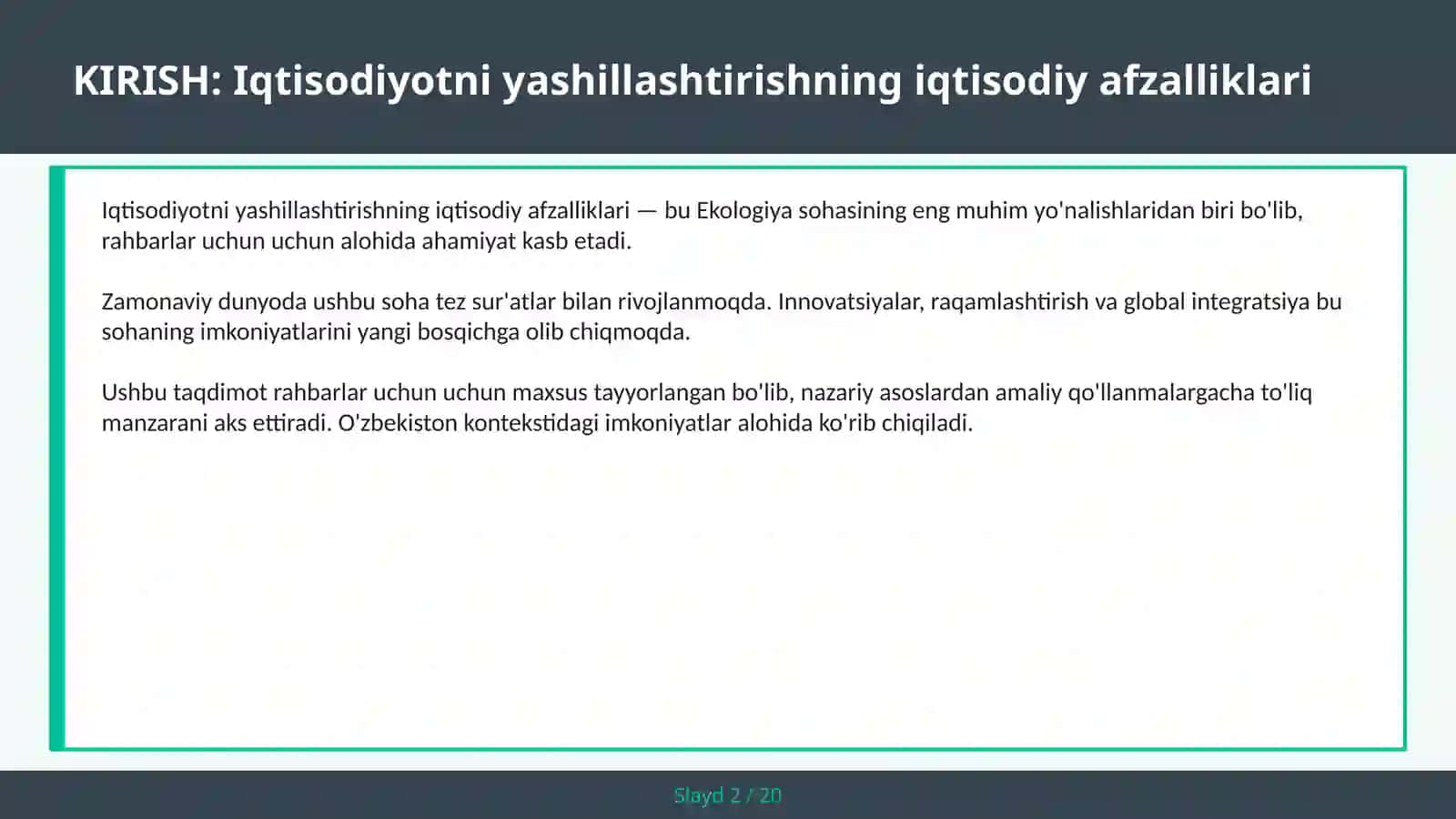 IQTISODIYOTNI YASHILLASHTIRISHNING IQTISODIY AFZALLIKLARI 2