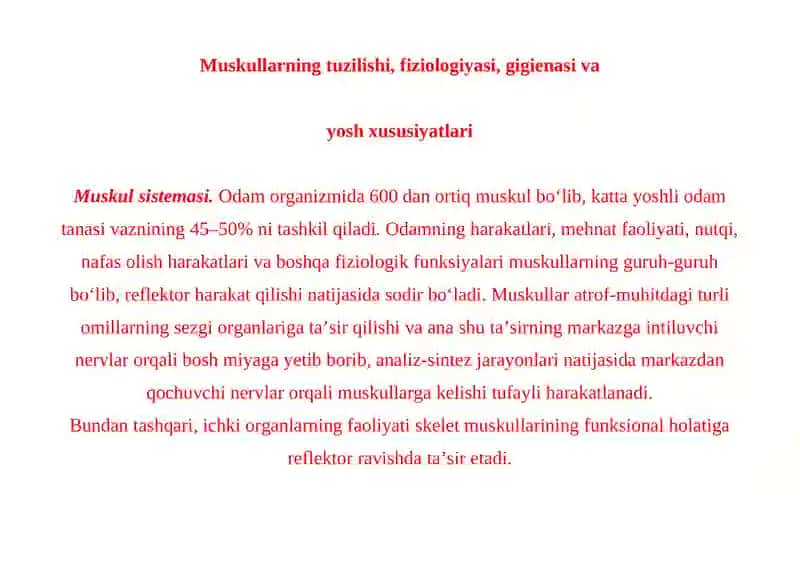 MUSKULLARNING TUZILISHI, FIZIOLOGIYASI, GIGIENASI VA YOSH XUSUSIYATLARI 2