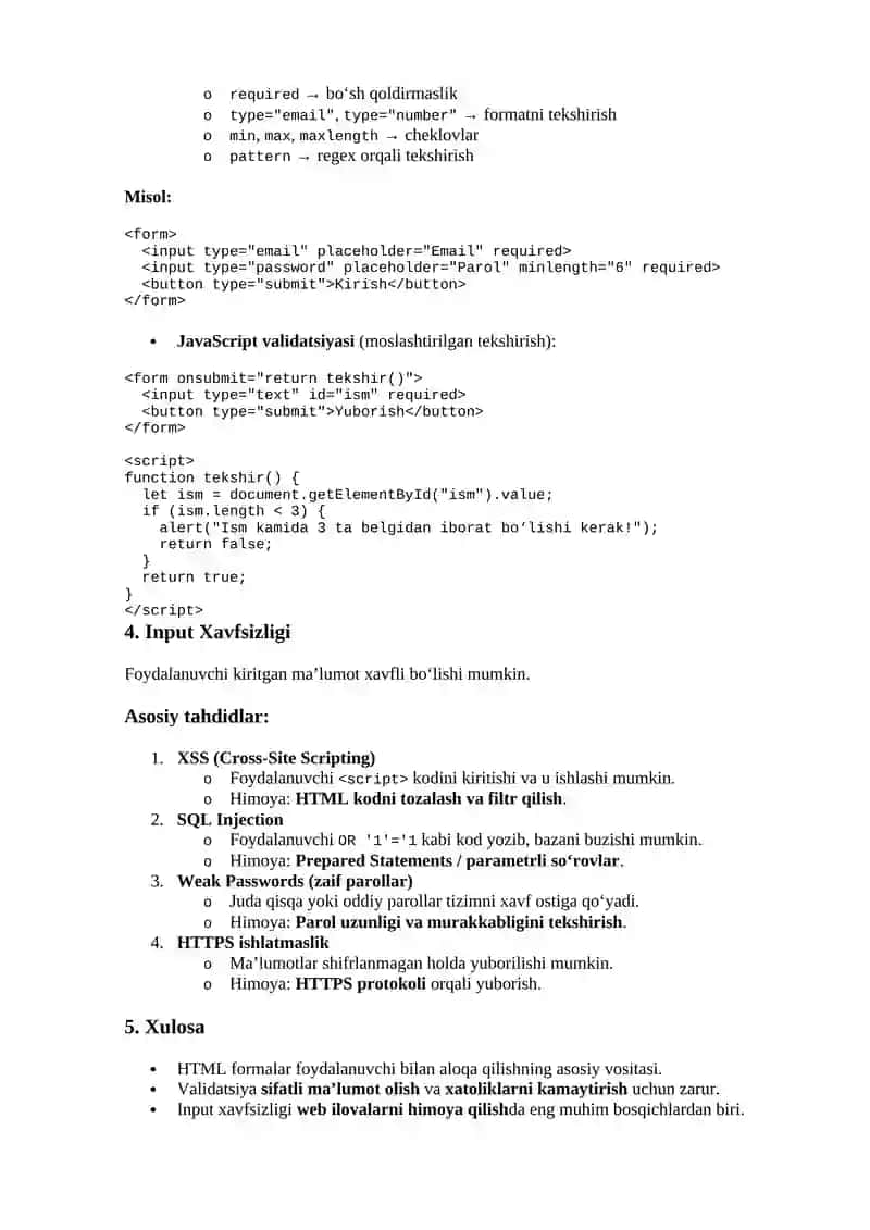 Formalar va foydalanuvchi ma’lumotlari bilan ishlash – HTML form elements, validation, input xavfsizligi 2
