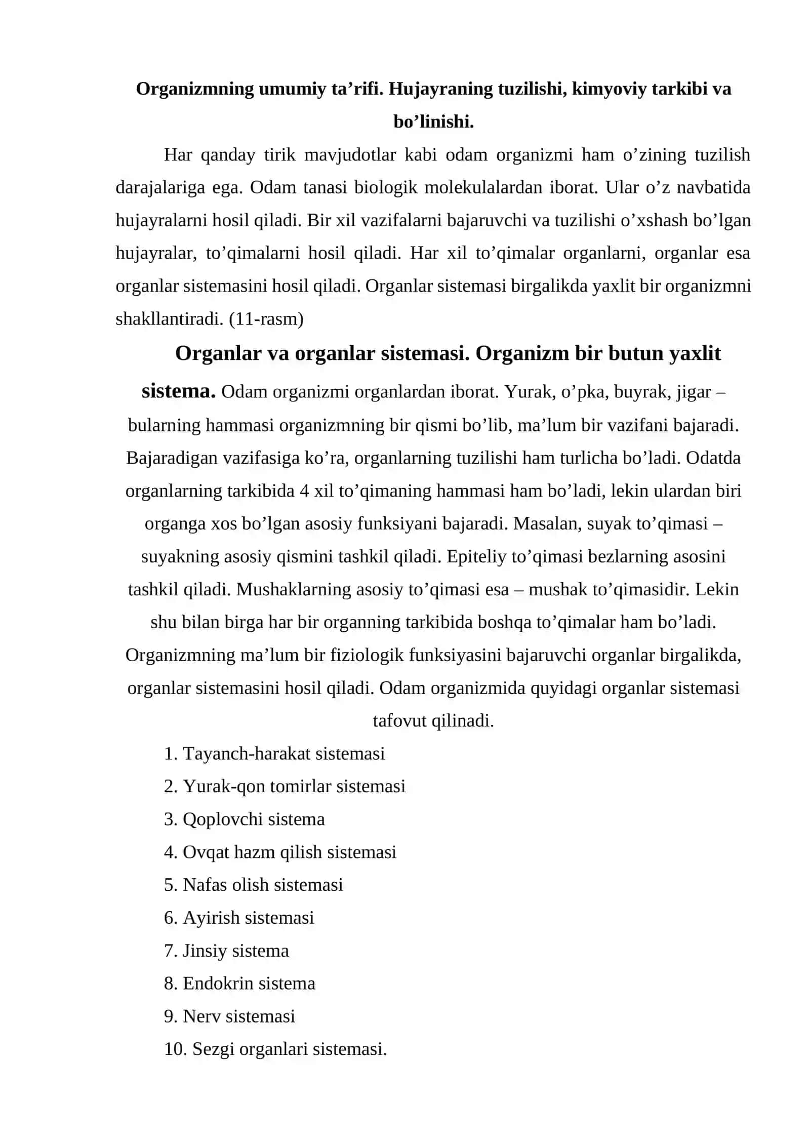 Organizmning umumiy ta’rifi. Hujayraning tuzilishi, kimyoviy tarkibi va bo’linishi 2