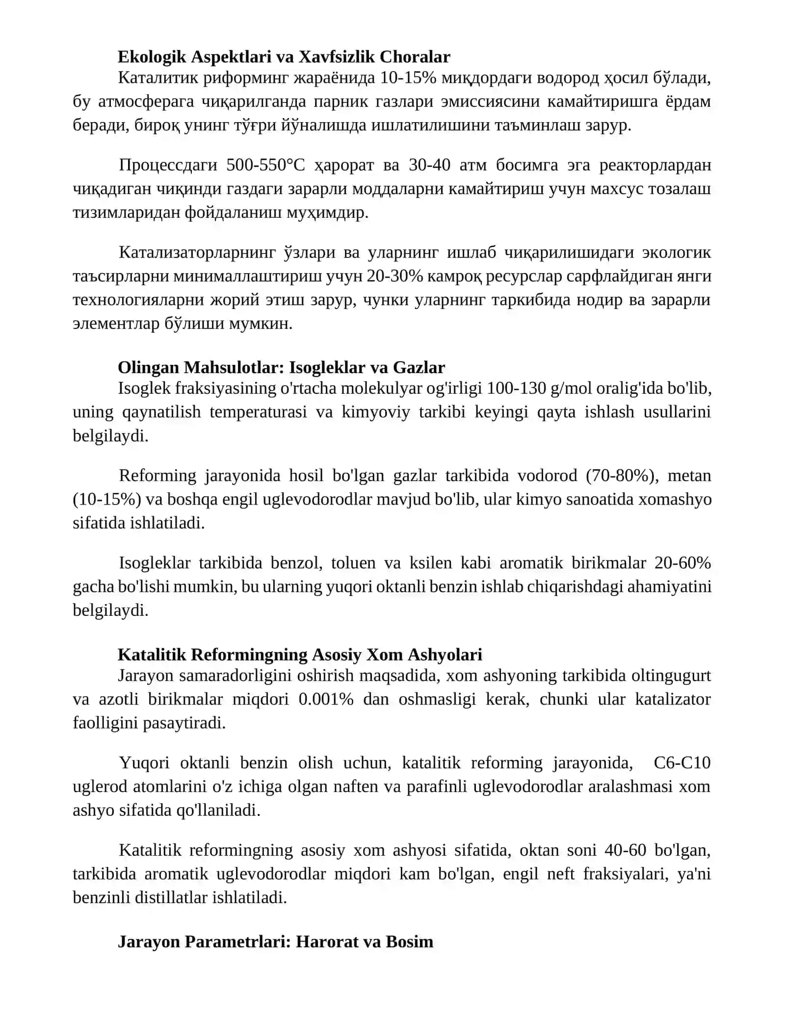 Katalitik riforming xom ashyosi, parametrlari va mahsulotlari 2