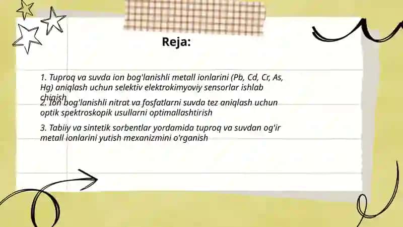 Tuproq va suvning ifloslanishida ion boĝlanishli birikmalarni aniqab ularni tozalash usuli 2