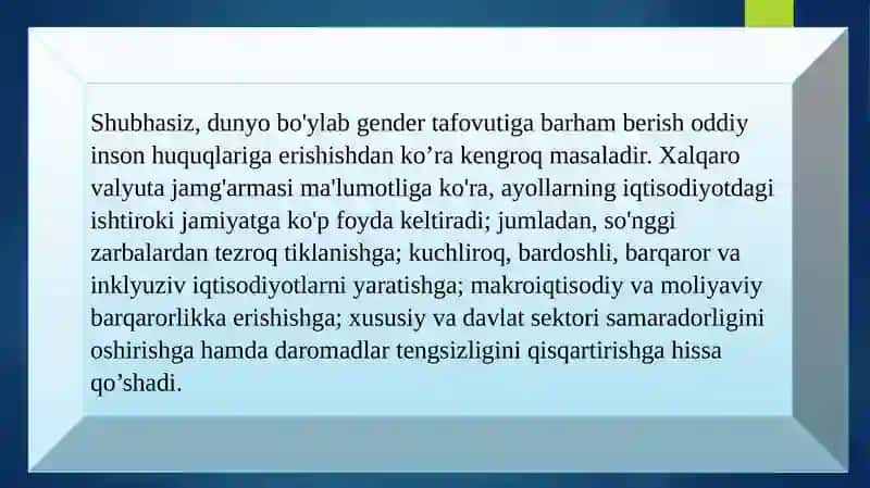 O'ZBEKISTONDA GENDER TENGLIKNI TA'MINLASHDA BMT NING TUTGAN O'RNI VA ROLI 2