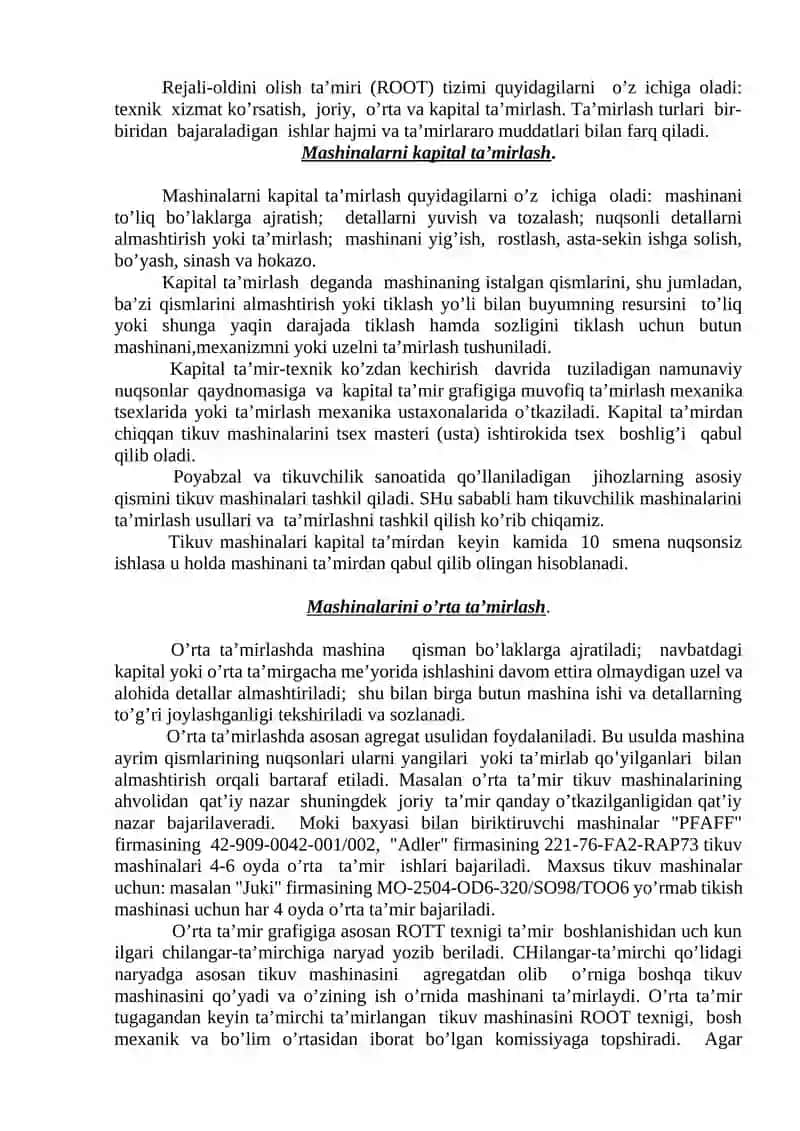 Jihozlarni taʼmirlash texnologiyasi. Jihozlarning rejali–ogohlantirish taʼmir tizimi. Mashinalarni kapital taʼmirlash 2