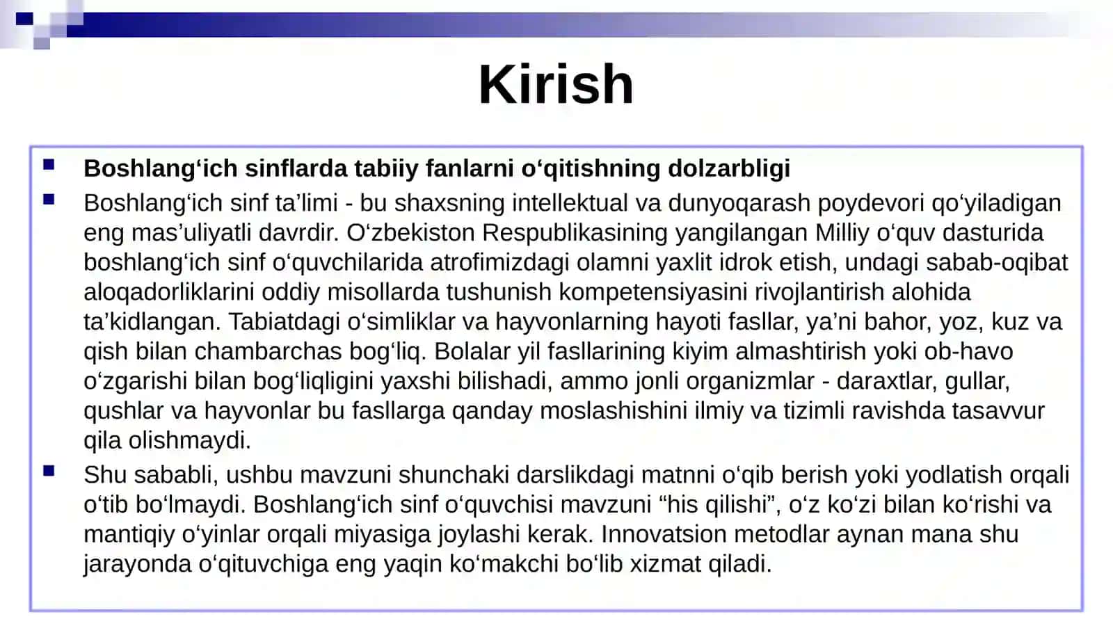Oʻsimliklar va hayvonlarning mavsumga bogʻliqligi” mavzusida innovatsion metodlardan foydalanish mikro darsi 2