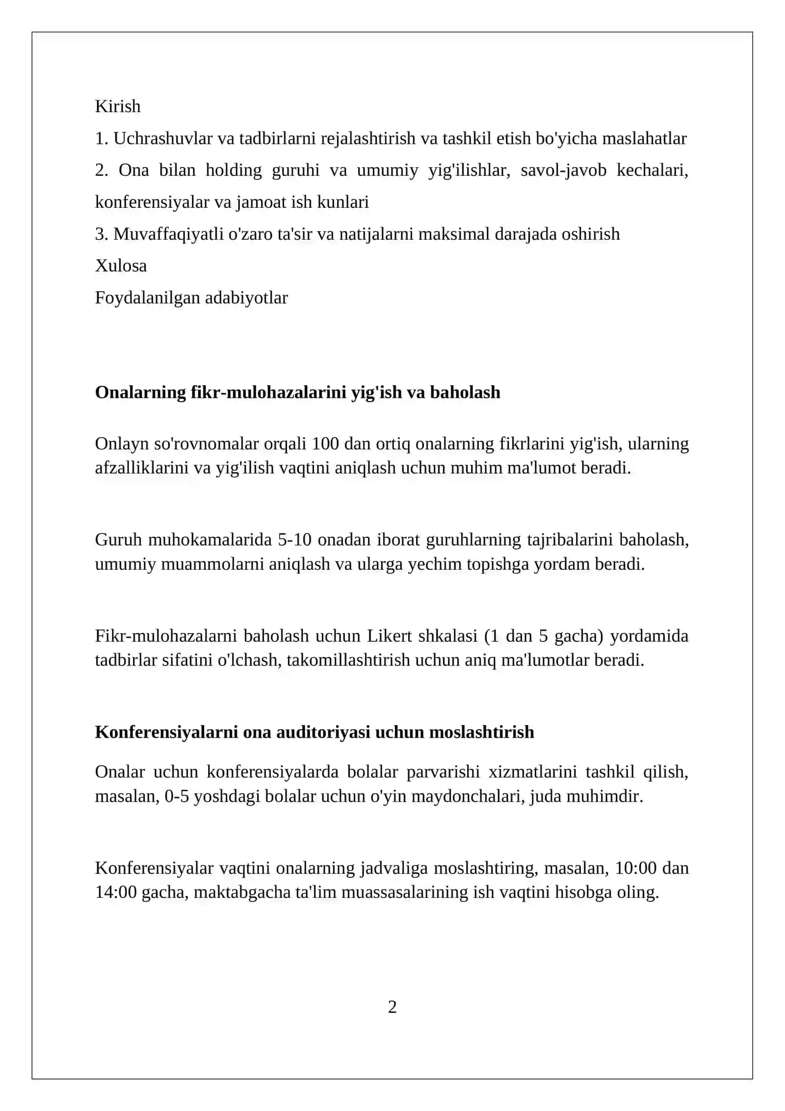 Ota onalar bilan guruh va umumiy majlislar savol javob kechalari anjumanlar shanbaliklar otkazish 2