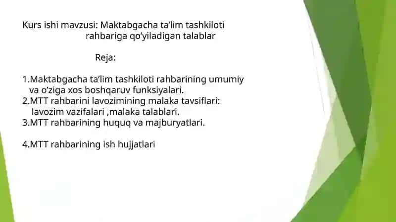 Maktabgacha ta’lim tashkiloti rahbariga qo’yiladigan talablar 2
