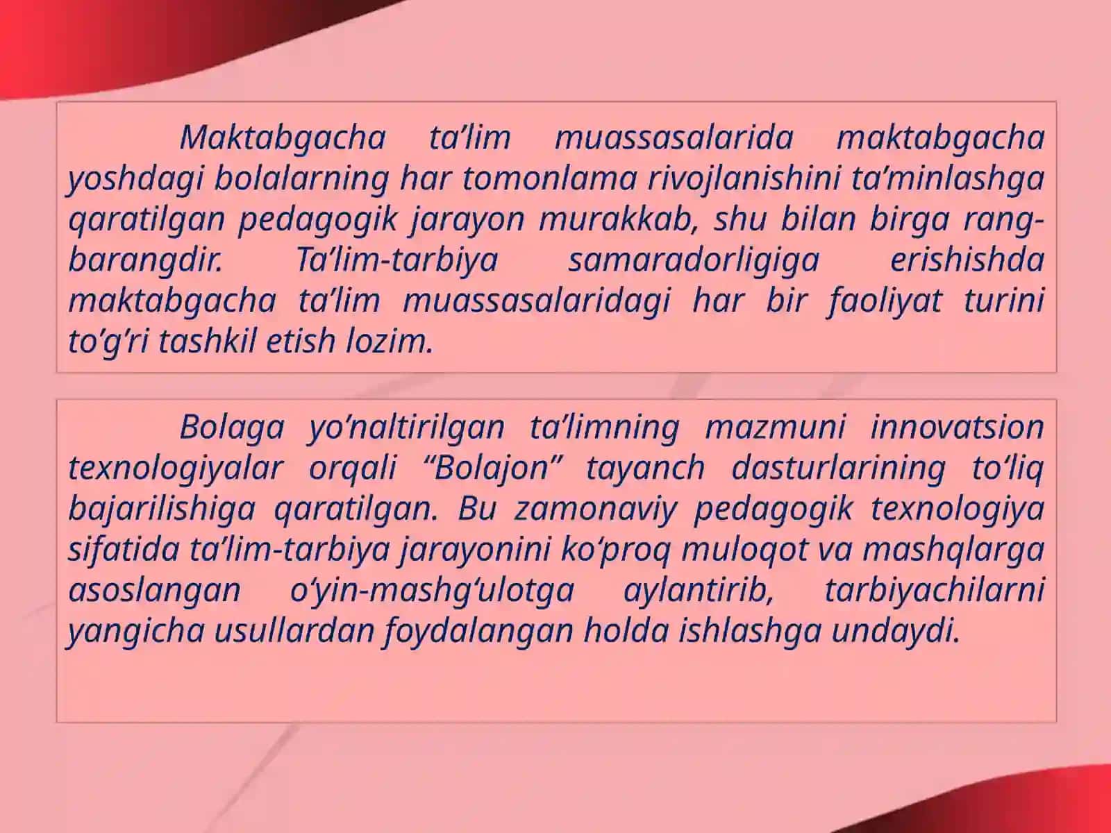 Maktabgacha ta’lim muassasalarida maktabgacha yoshdagi bolalarning har tomonlamarivojlanishinita’minlashgaqaratilganpedagogikjarayonmurakkab,shubilanbirgarang-barangdir.Ta’lim-tarbiyasamaradorligigaerishishdamaktabgachata’limmuassasalaridagiharbirfaoliyatturinito’g’ritashkiletishlozim 2