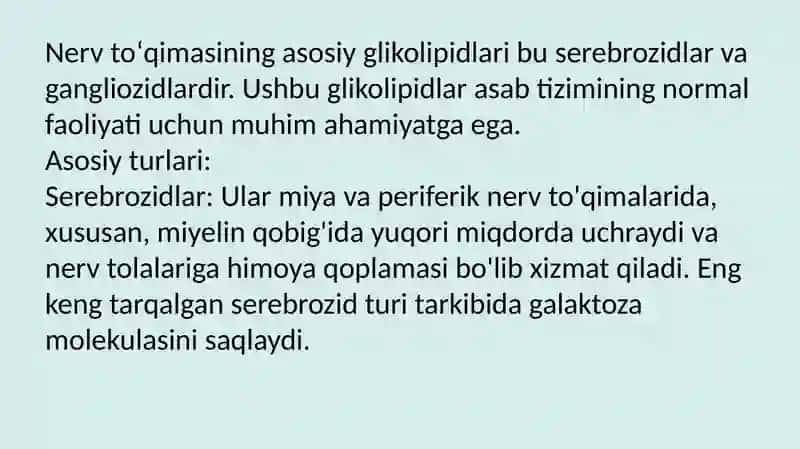 Nerv to’qimasining asosiy glikolipidlari, ahamiyati, ular bilan boğliq kasalliklar. Neyromediatorlar biosintezi ahamiyati va kasalliklari 2