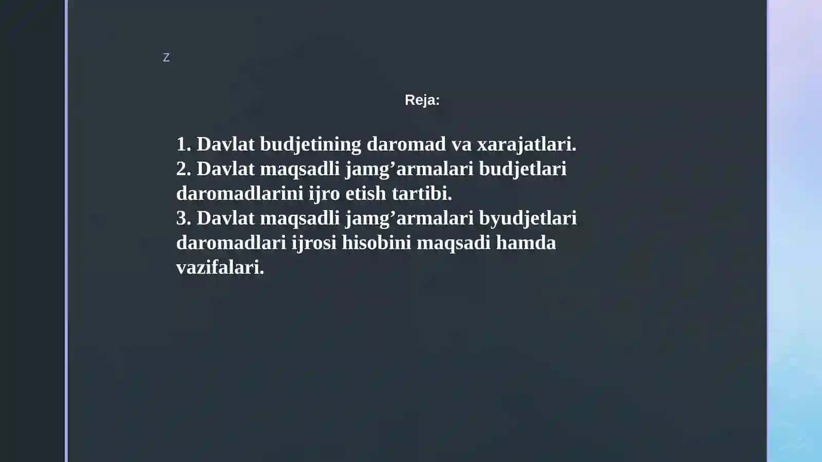 Davlat sektorida buxgalteriya hisobi fanidan “Davlat maqsadli va boshqa budjetdan tashqari jamg’armalari bo’yicha moliyaviy natijalari hisobi“ mavzusida taqdimoti 2