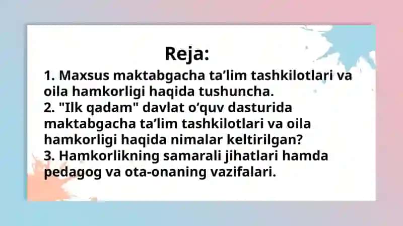 Maxsus maktabgacha taʼlim tashkilotlari va oila hamkorligi 2