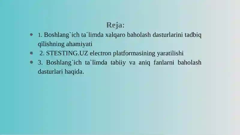 Boshlang`ich ta`limda xalqaro baholash dasturlarini tadbiq qilish 2