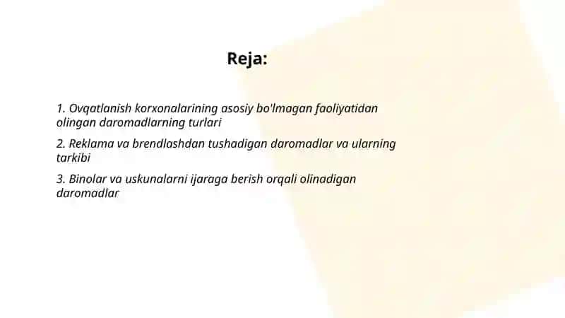 Ovqatlanish korxonalarining asosiy bolmagan faoliyatidan olingan daromadlari va ularning tarkibi 2