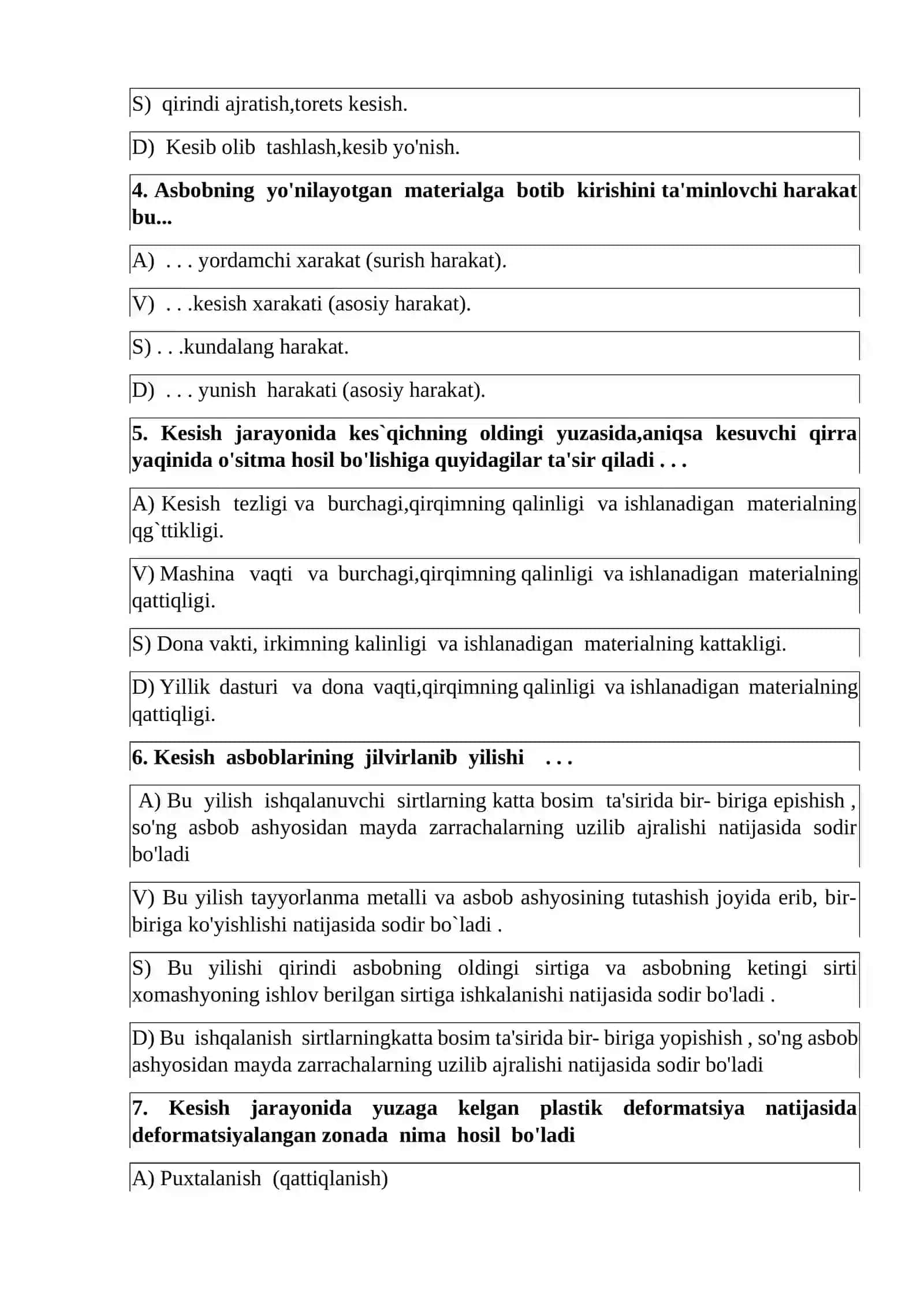 «Kesish nazariyasi asoslari va asboblari» fanidan T E S T VARIANT-1 2