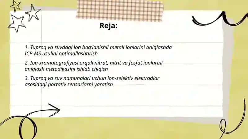 Tuproq va suvning ifloslanishida ion bogʻlanishli birikmalarni aniqlab ulardan tozalash usulini ishlab chiqarish 2