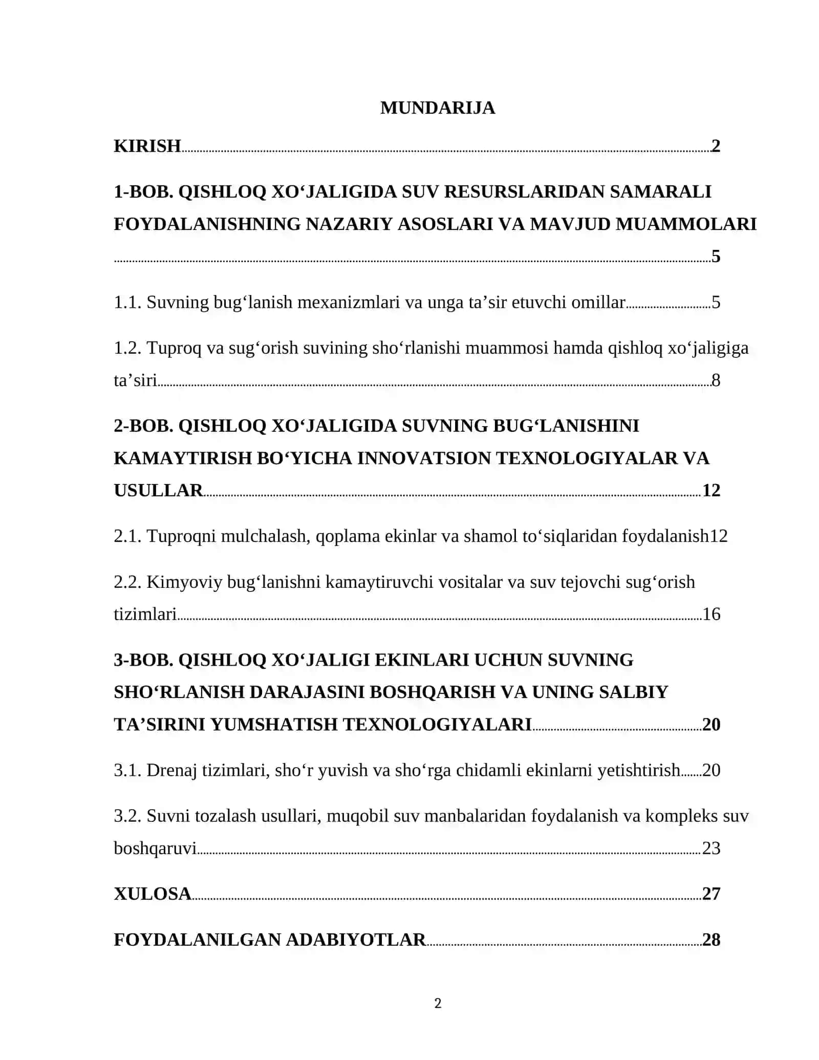 "QISHLOQ XOʻJALIGIDA SUVNING BUGʻLANISHI VA KONSENTRATSIYASINI KAMAYTIRISH TEXNOLOGIYALARI" 2