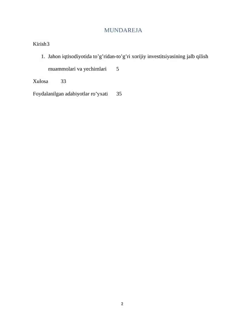 Jahon iqtisodiyotida to'g'ridan-to'g'ri xorijiy investitsiyasining rivojlanish tendensiyasi 2