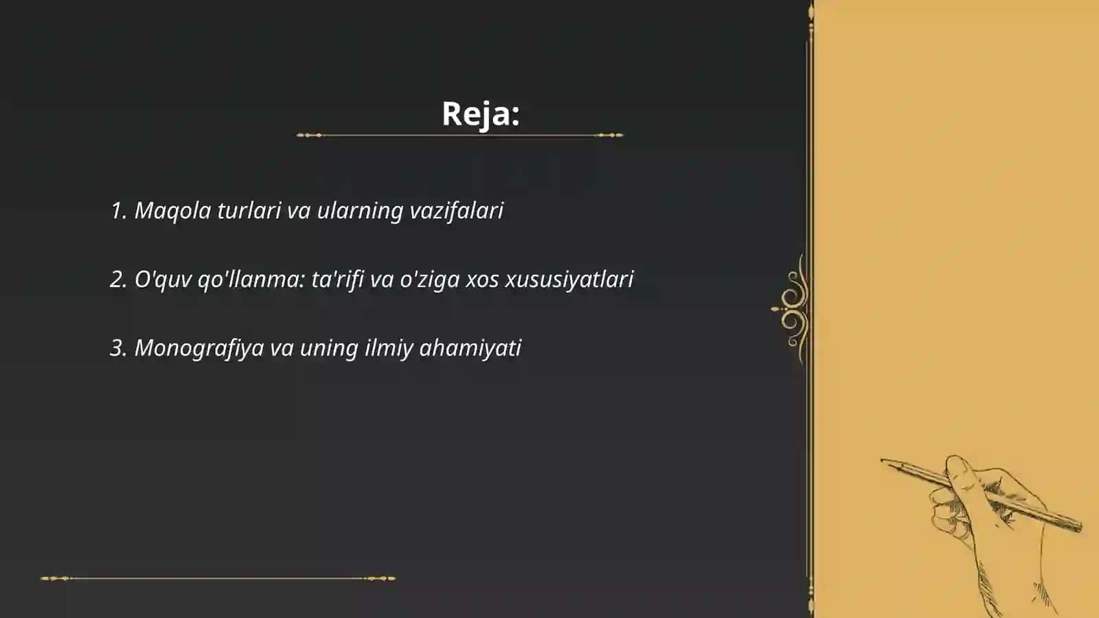 Maqola, o'quv qo'llanma, monografuya, taqriz nima? 2