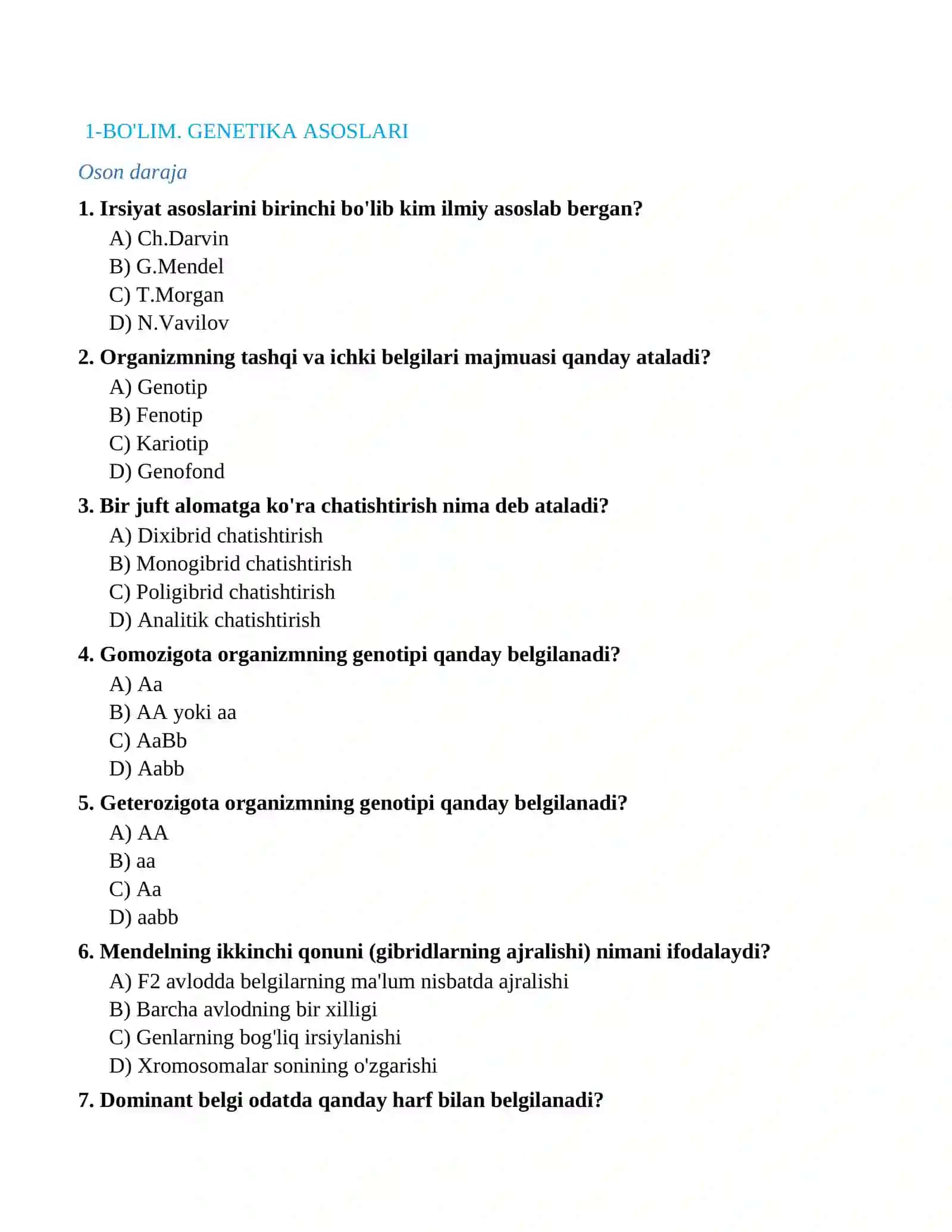 11-sinf Biologiya fanidan mavzulashtirilgan 150 ta variantli test savollari javoblari bilan 2