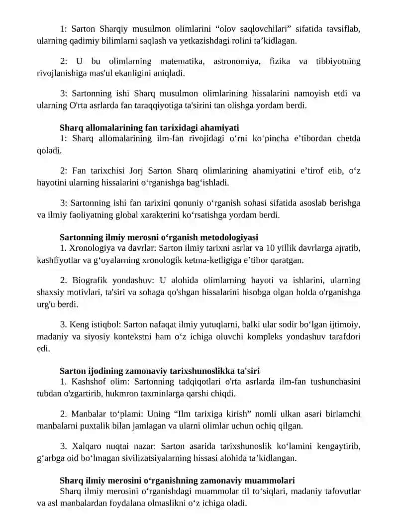 Órta Asr Sharq Allomalari Ilmiy Merosini Órganishda J. Sartonning Órni 2