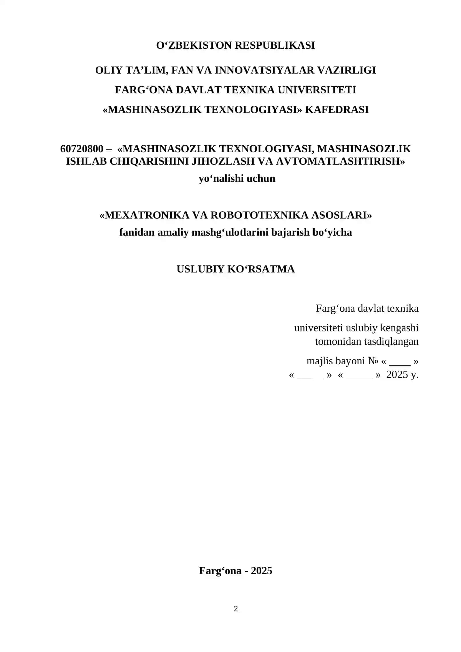 MASHINASOZLIK TEXNOLOGIYASI, MASHINASOZLIK ISHLAB CHIQARISHINI JIHOZLASH VA AVTOMATLASHTIRISH 2