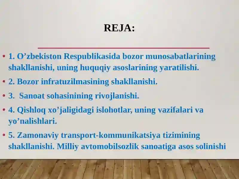 IQTISODIY ISLOHOTLAR, XUSUSIY MULKCHILIKNING SHAKLLANISHI. O‘ZBEKISTONDA BOZOR MUNOSABATLARINING RIVOJLANISHI 2
