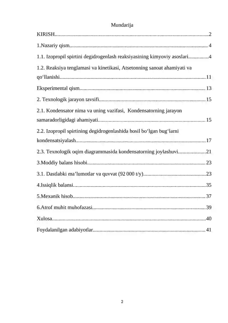 Izopropil spirtini degidrogenlash orqali atseton olish texnologiyasidagi kondensatorni hisoblash (quvvati 92 000 t/y) 2