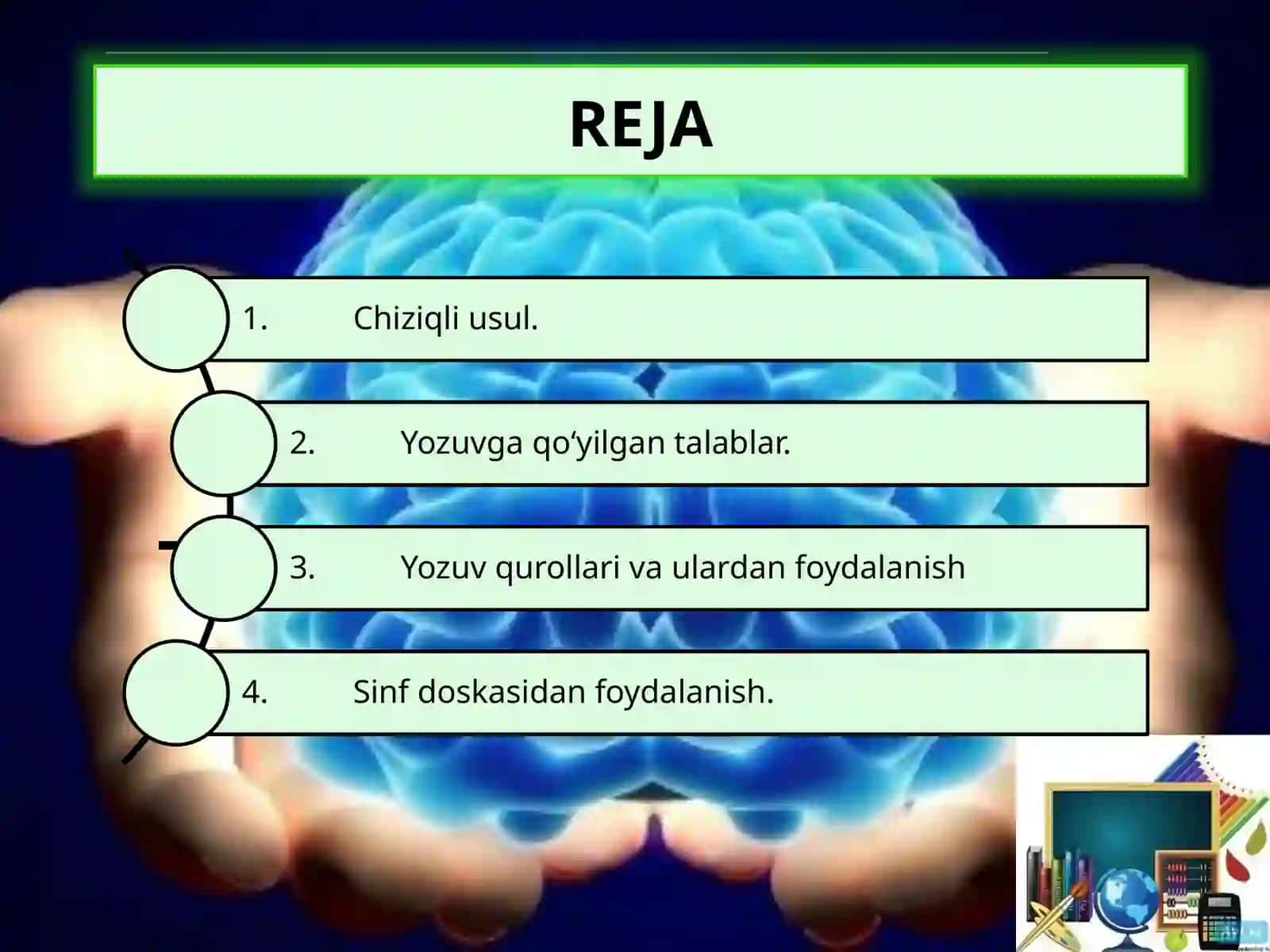 HUSNIXATGA O‘RGATISH METOD VA SHARTLARI. O‘QUVCHILAR YOZUVIGA QO‘YILADIGAN TALABLAR. YOZUV QUROLLARI VA ULARDAN FOYDALANISH 2