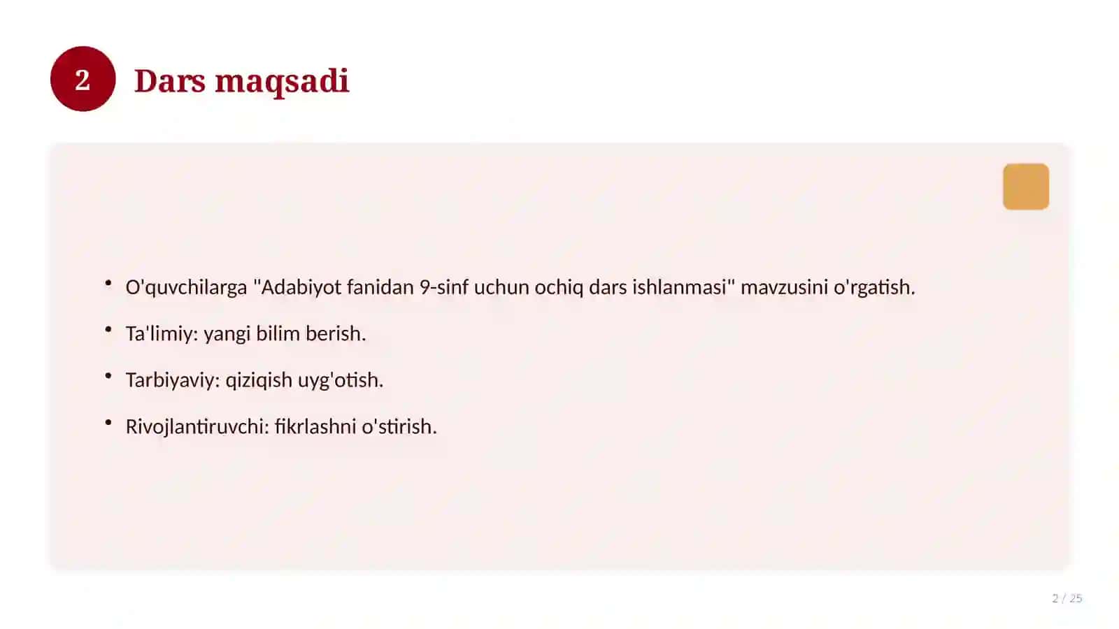 Adabiyot fanidan 9-sinf uchun ochiq dars ishlanmasi 2