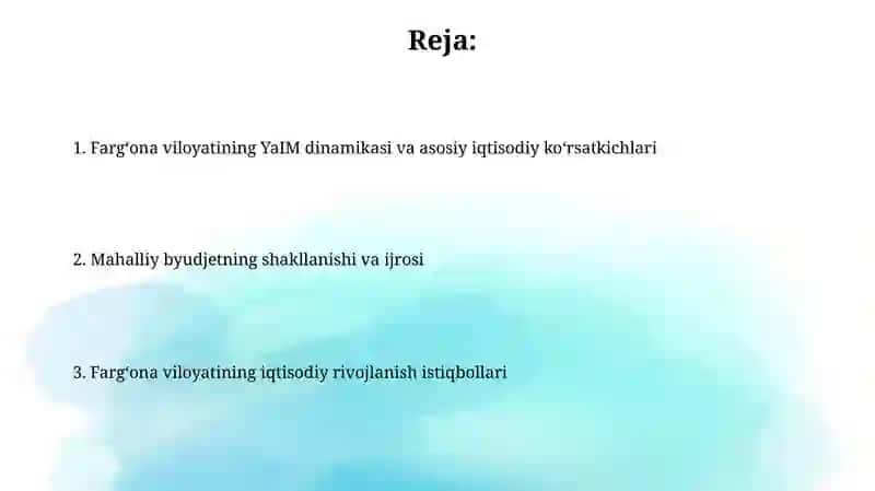 Fargʻonaa viloyati YaIM va iqtisodiy koʻrsatkichlari mahalliy byudjeti 2
