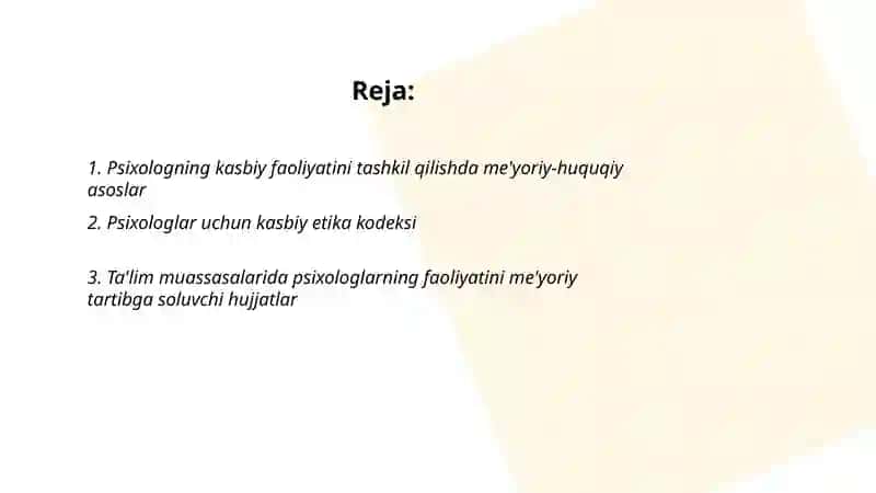 Psixologning kasbiy faoliyatini tashkil qilishda me'yoriy hujjatlar 2