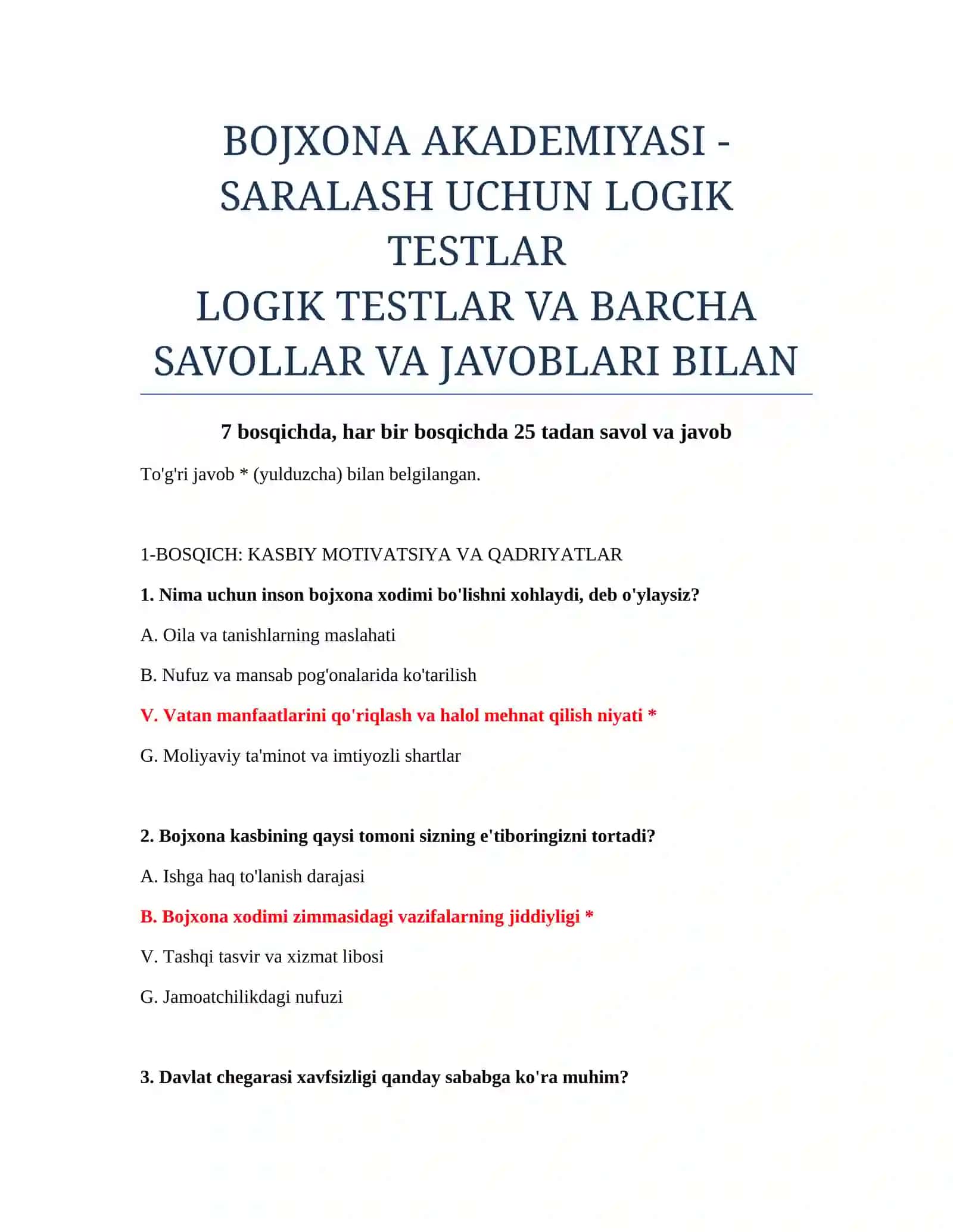 BOJXONA AKADEMIYASI - SARALASH UCHUN LOGIK TESTLAR 2