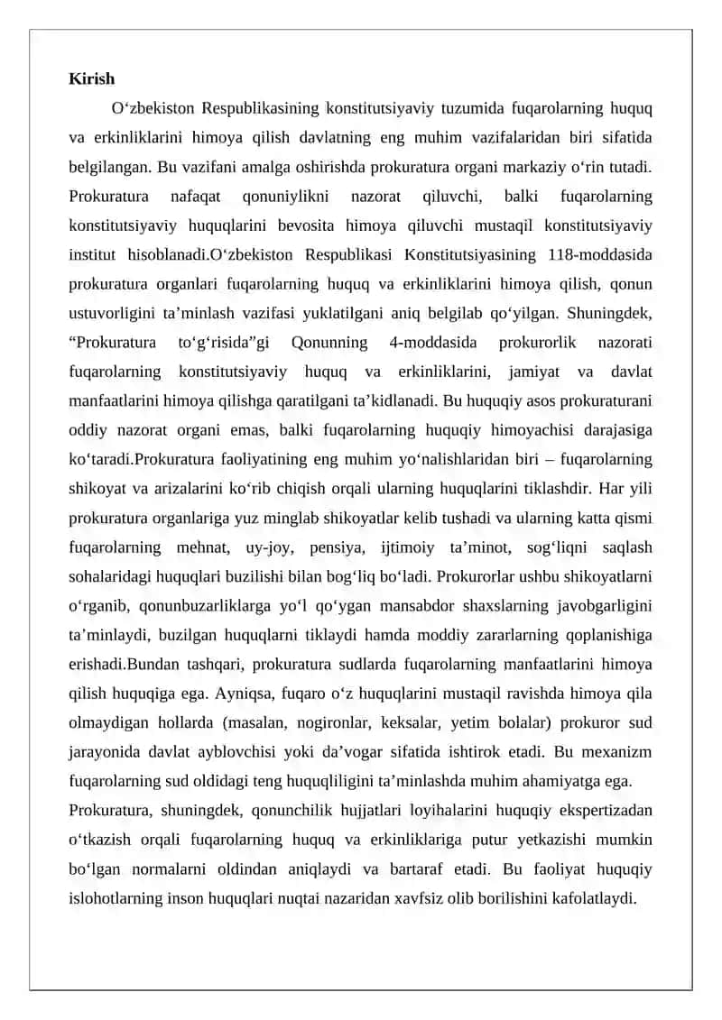 Prokuratura faoliyatining huquq va erkinliklarini ta’minlashda o‘rni va ahamiyati 2