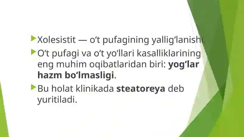 Xolesistitlarda yog'lar hazmlanishining buzilishi (Steatoreya) 2
