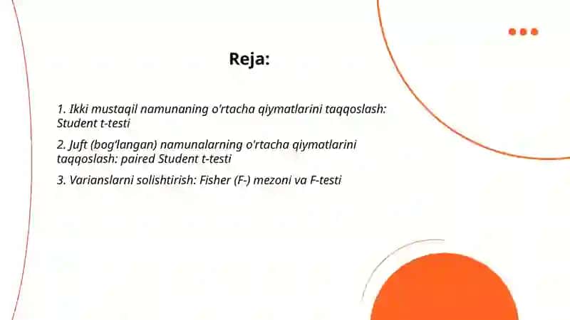 Ikki koʻplikni taqqoslash. Student va fisher mezonlari. Noparametrik metodlar 2