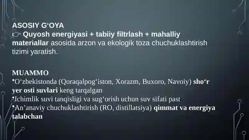 O'zberiston sharoitida sho'r  suvlarni chuchuklashtirish g'oyasini yaratish 2