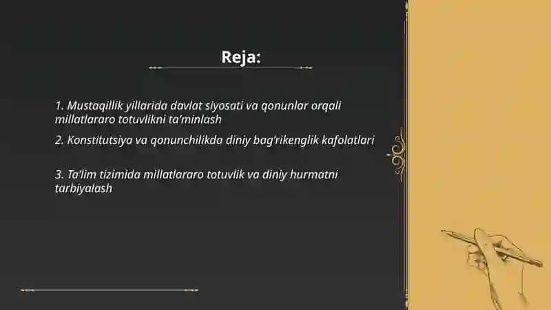 Oʻzbekistonda millatlararo totuvlik va diniy bagʻrikenglikning taminlanishi 2