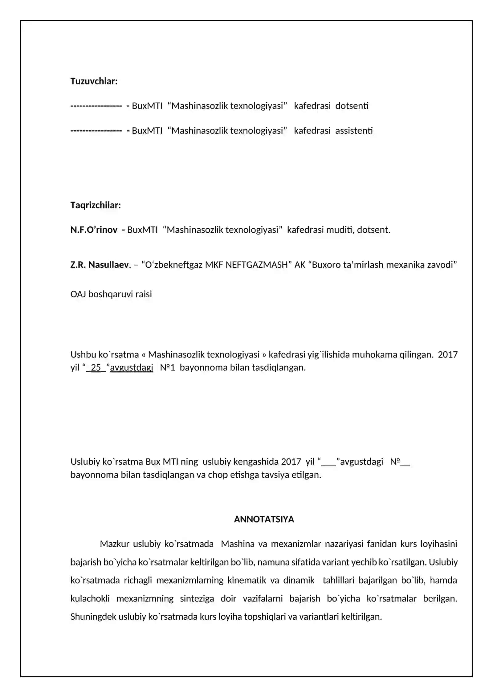 MASHINA VA MEXANIZMLAR NAZARIYASI FANIDAN KURS LOYOHASI UCHUN TUZILGAN USLUBIY KO’RSATMA 2