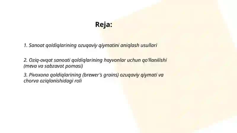 Sanoat qoldiqlarining ozuqaviy qiymati va hayvonlarni oziqlantirishda qo'llanilishi 2