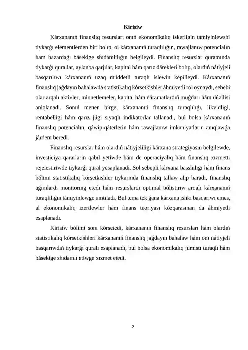 Finanslıq resurslardıń tiykarg‘ı statistikalıq ko‘rsetkishleri hám kárxananıń finanslıq jaǵdayı 2