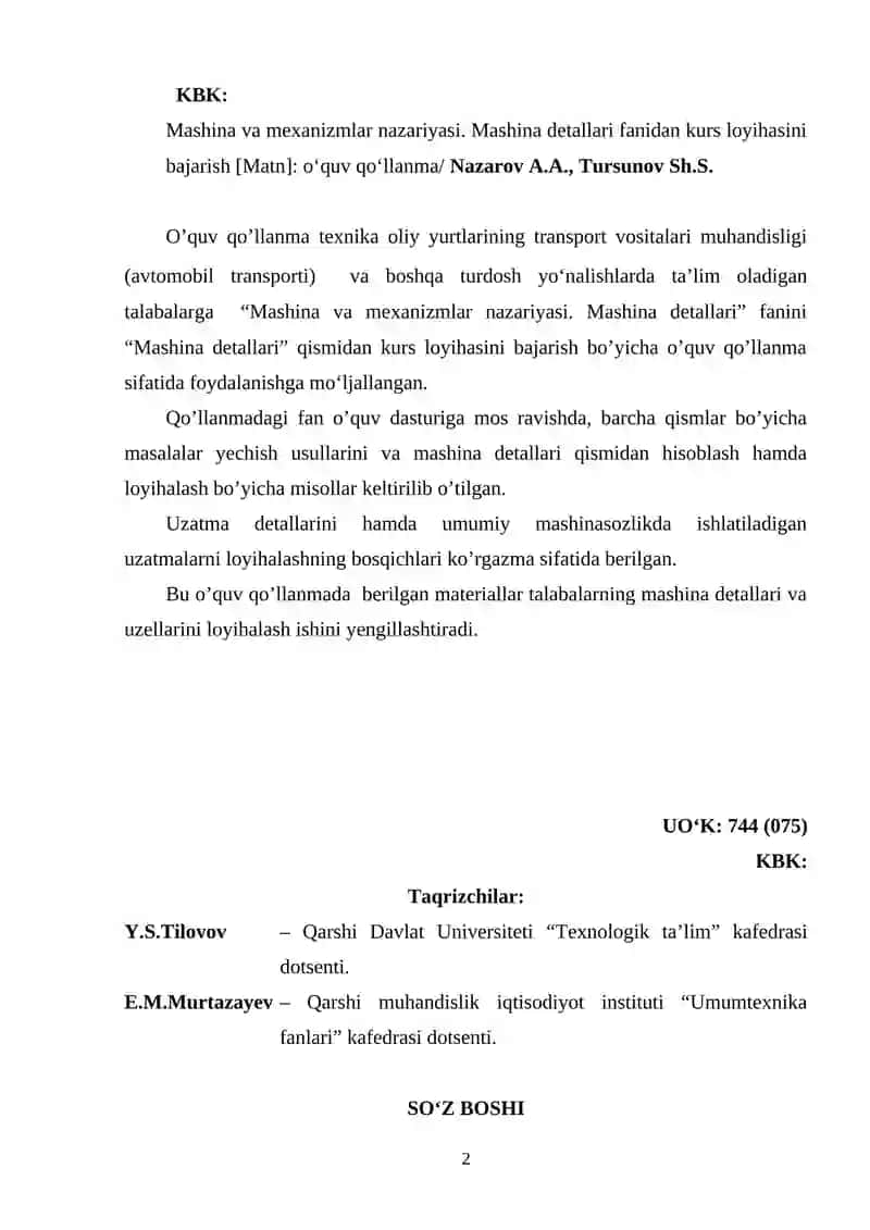 Mashina va mexanizmlar nazariyasi. Mashina detallari FANIDAN kurs loyihasiNI BAJARISH 2