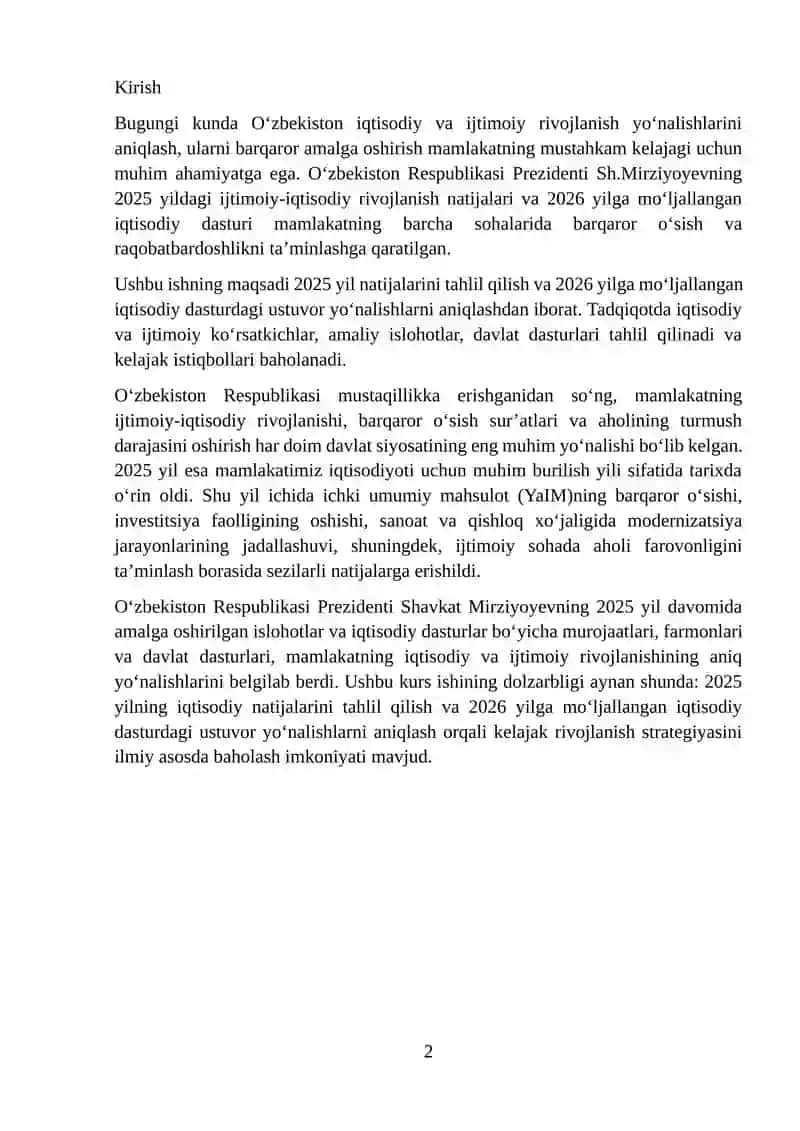 Oʻzbekiston Respublikasi Prezidenti Sh.Mirziyoyevning mamlakatning 2025 yildagi ijtimoiy-iqtisodiy rivojlanishining asosiy natijalari va 2026 yilga mo‘ljallangan iqtisodiy dasturining ustuvor yo‘nalishlari 2