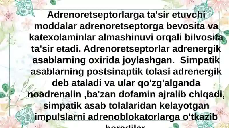 Adrenergik sinapslarga ta'sir qiladigan moddalar tasnifi, xossalari va qo‘llanilishi. Adrenomimietiklar umumiy tarifi va qo‘llanilishi.Adrenoblakatorlar, simpatolitiklar umumiy tarifi va qo‘llanilishi 2